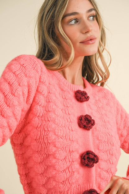 TEXTURED SWEATER CARDIGAN WITH KNIT ROSETTE DETAIL MSW10735