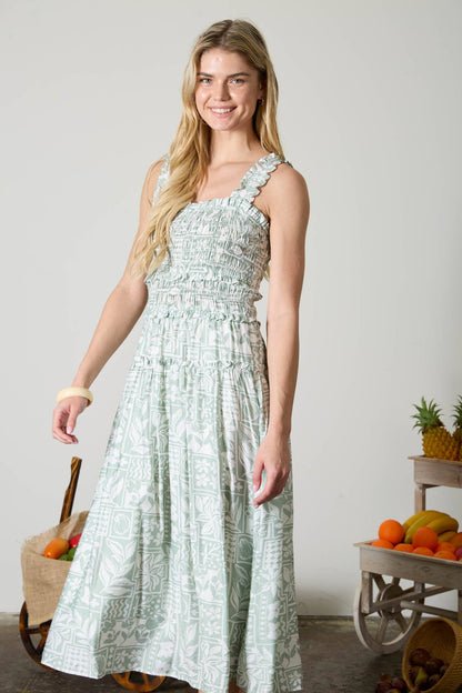 TILE PATTERN SMOCKED RUFFLE STRAP MIDI DRESS