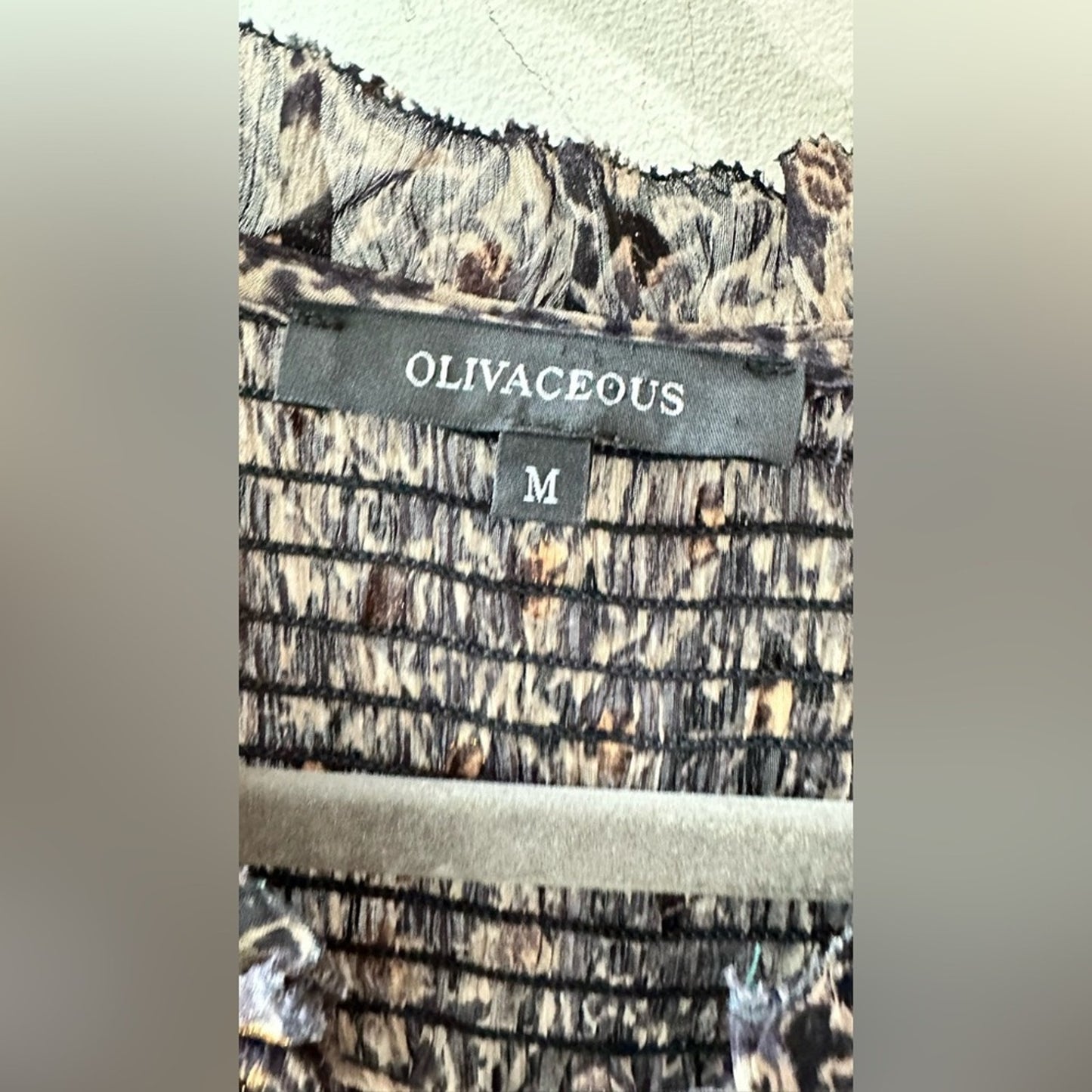 Oliveaceous, Black and Gold Smocked Ruffle Midi Dress, Size M | 0102