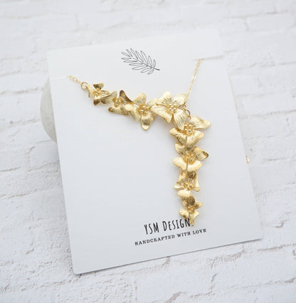 Gold Statement Flower Necklace,  Dogwood Y Necklace, Floral