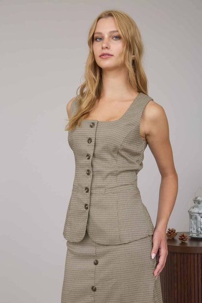 HOUNDSTOOTH PLAID BUTTON DOWN SLEEVELESS VEST TOP