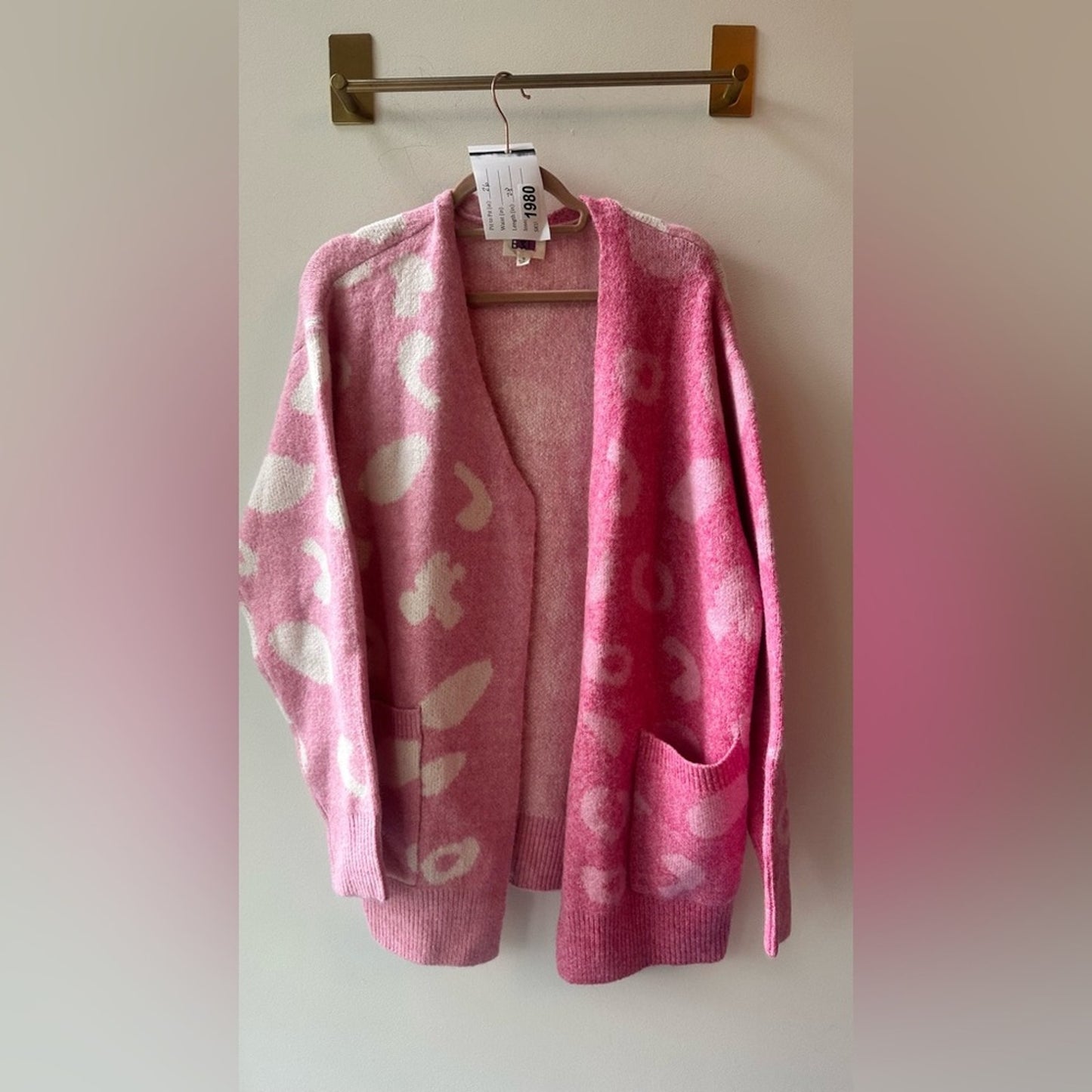 Pink Heart Print Open Front Cardigan, Size S | 1980