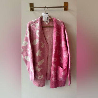 Pink Heart Print Open Front Cardigan, Size S | 1980
