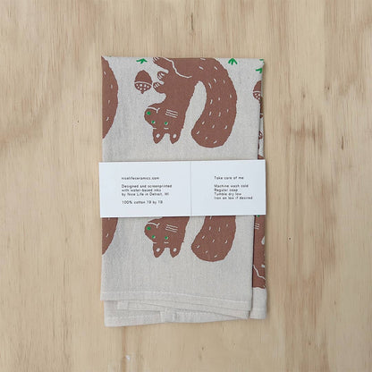 Squirrel and nut tea towel