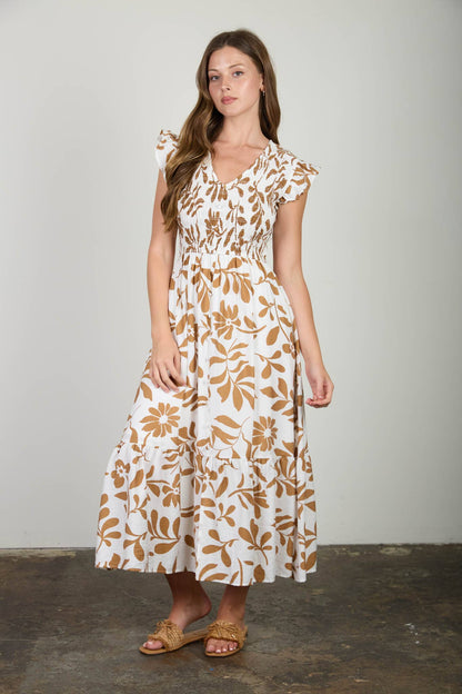 FLORAL LEAF PRINT SMOCKED MOCK BUTTON MIDI DRESS
