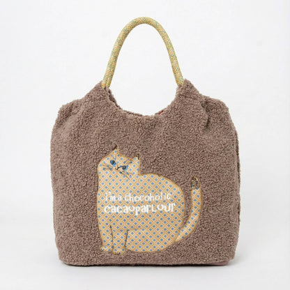Cozy Teddy Fleece Cat Appliqué Tote Bag - Kusuguru Japan