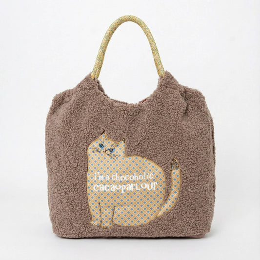 Cozy Teddy Fleece Cat Appliqué Tote Bag - Kusuguru Japan
