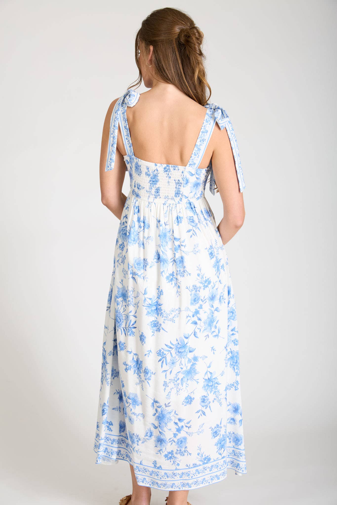 FLORAL BORDER EMPIRE WAIST TIE STRAP MIDI DRESS