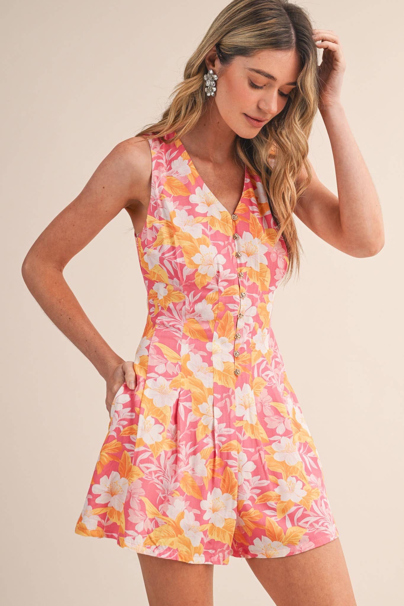 TROPICAL FLORAL PLEATED WAIST BUTTON UP ROMPER MP4884