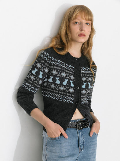 CUBIC Cat Print Fair Isle Wool-Blend Cardigan
