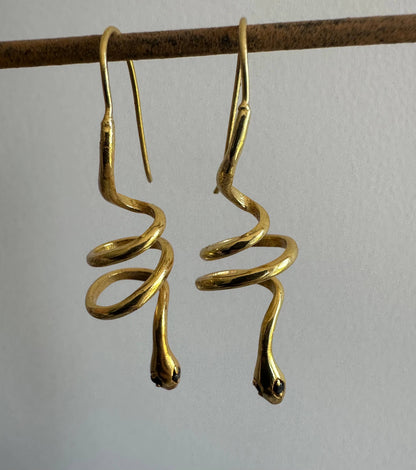Green Zircon Eyes | Gold Snake Hoop Earrings | Spiral Snake
