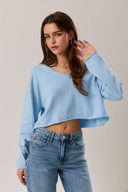 DROP SHOULDER V-NECK BOXY CROPPED SWEATER