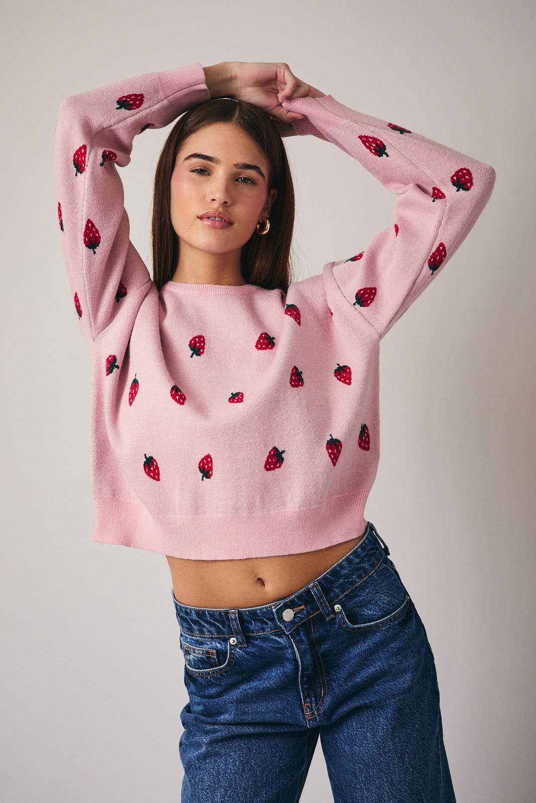 ROUND NECK LONG SLEEVE STRAWBERRY GRAPHIC SWEATER