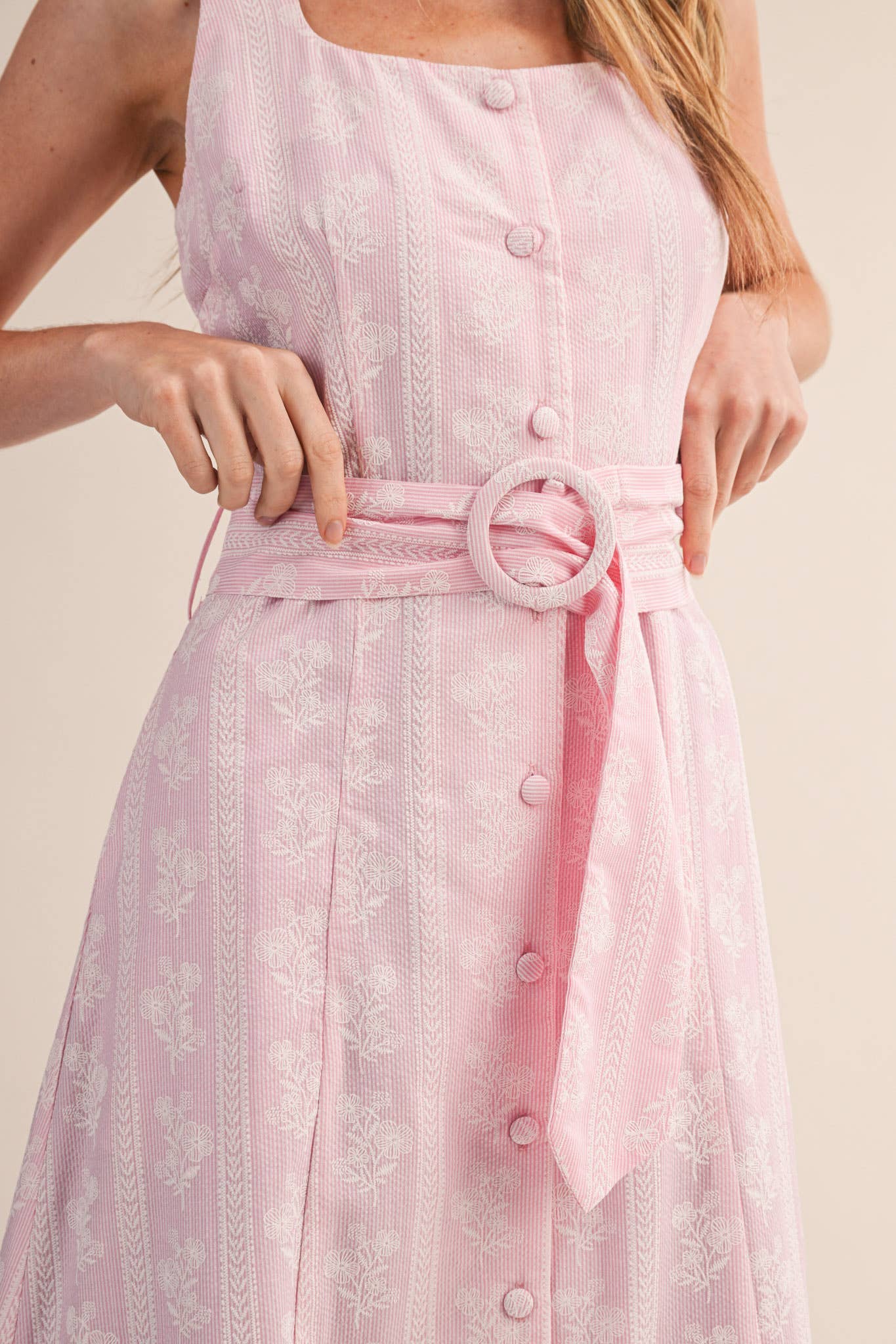 STRIPED FLORAL PRINT BUTTON DOWN BELTED MIDI DRESS MDR4811