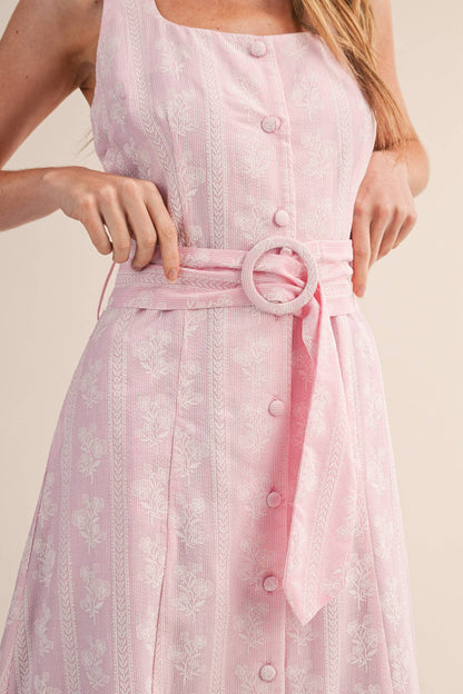 STRIPED FLORAL PRINT BUTTON DOWN BELTED MIDI DRESS MDR4811