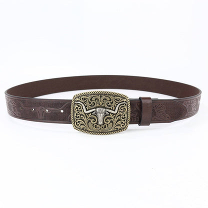 Retro Western Cowboy Belt with Bull Head Buckle Leather Punk Streetwear