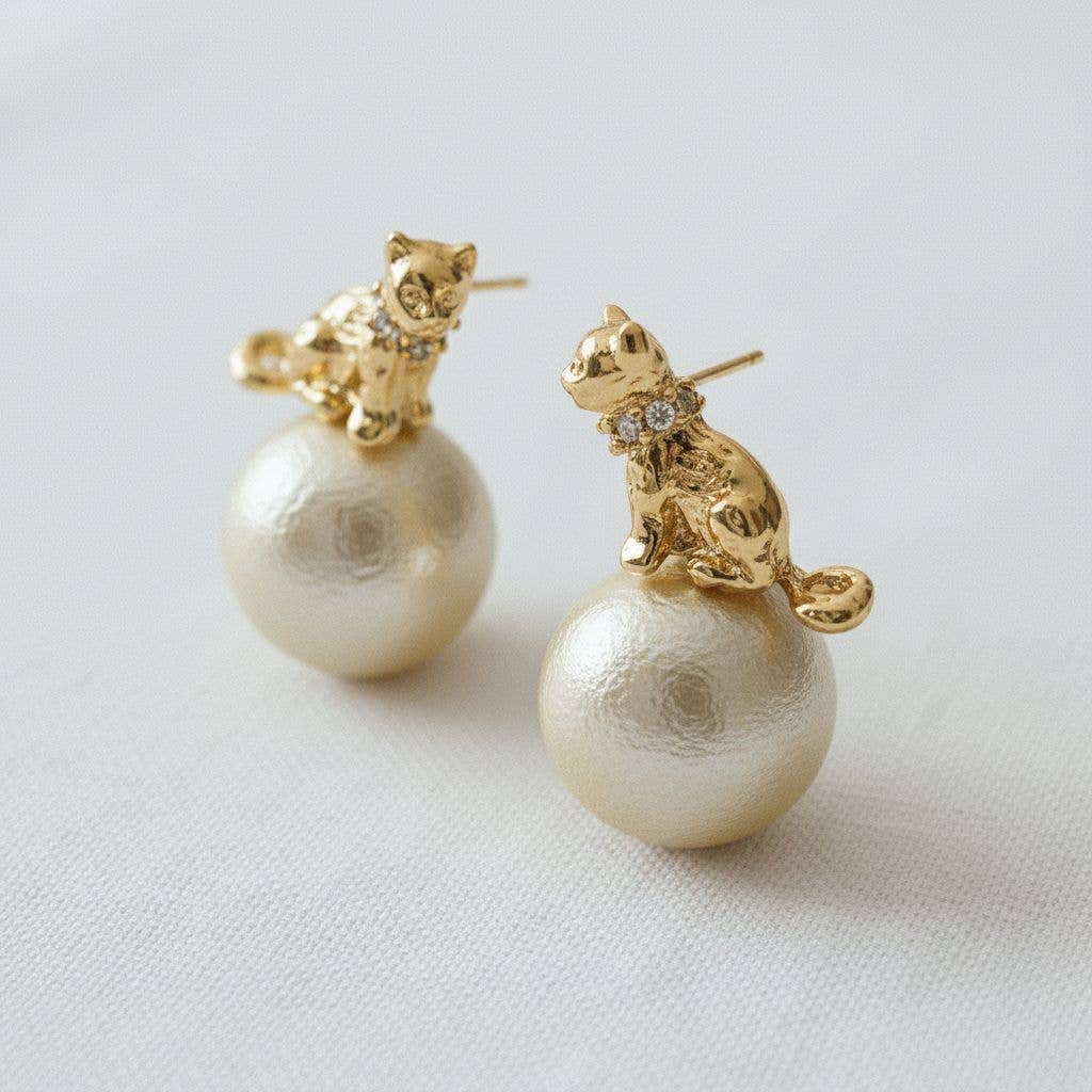 Artisan Egyptian Cat Pearl Stud Earrings