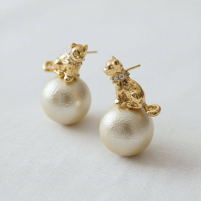 Artisan Egyptian Cat Pearl Stud Earrings