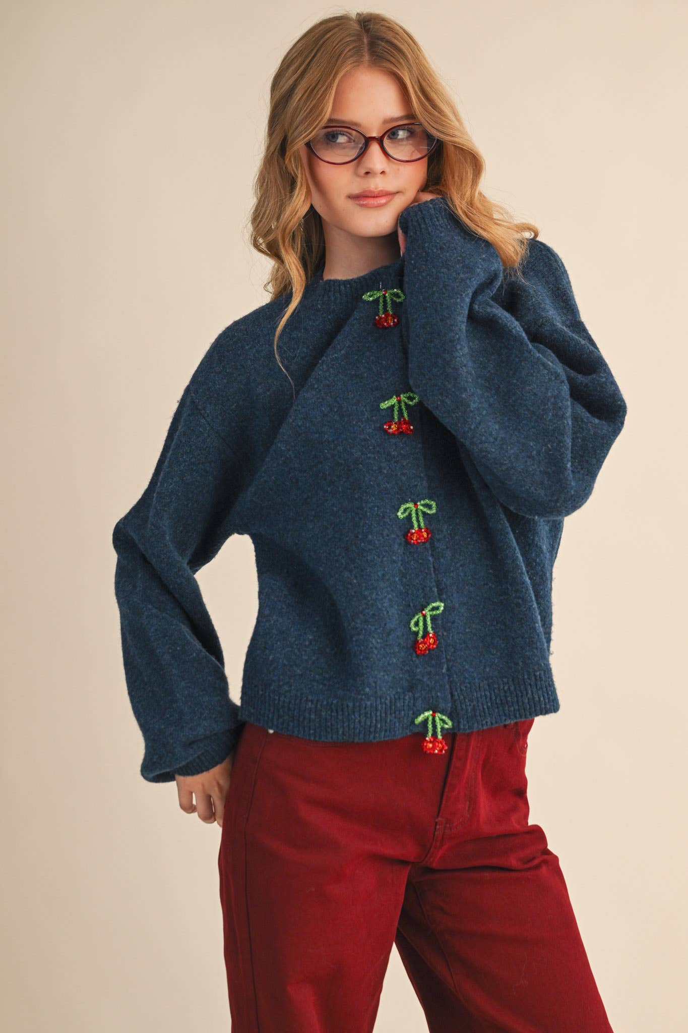 BEADED BOW FLORAL BUTTON SWEATER CARDIGAN MSW11256