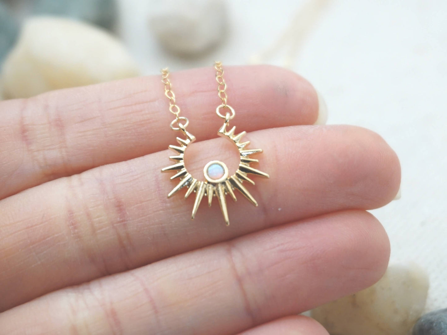 Sunburst Charm Necklace Dainty Opal Necklace Celestial Theme