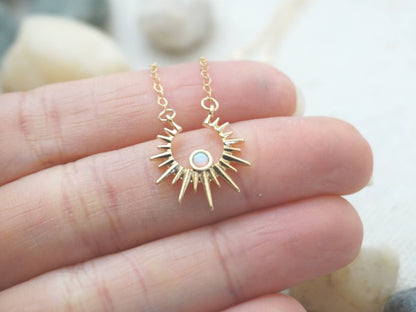 Sunburst Charm Necklace Dainty Opal Necklace Celestial Theme
