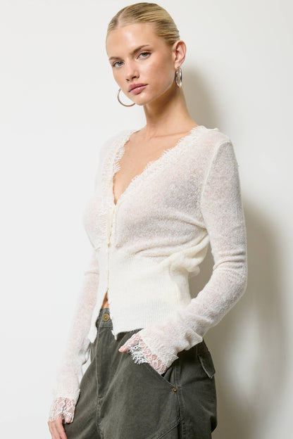 Lace Trim V Neck Knit Cardigan