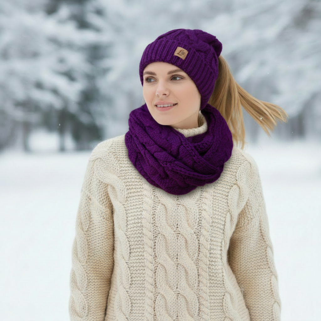Winter Ponytail Hat Scarf Knit Beanie and Scarf Set