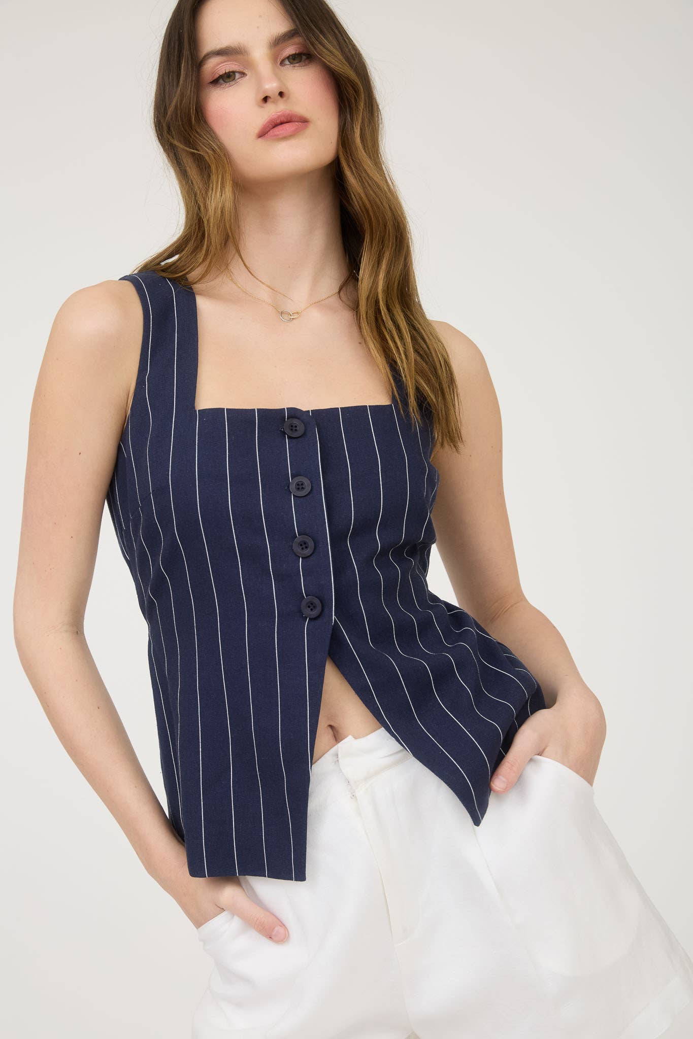 PINSTRIPE SQUARE NECK BUTTON FRONT VEST TOP