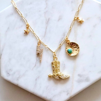 Desert Charm Necklace, Boot, Star, Bolt, Copper Turquoise