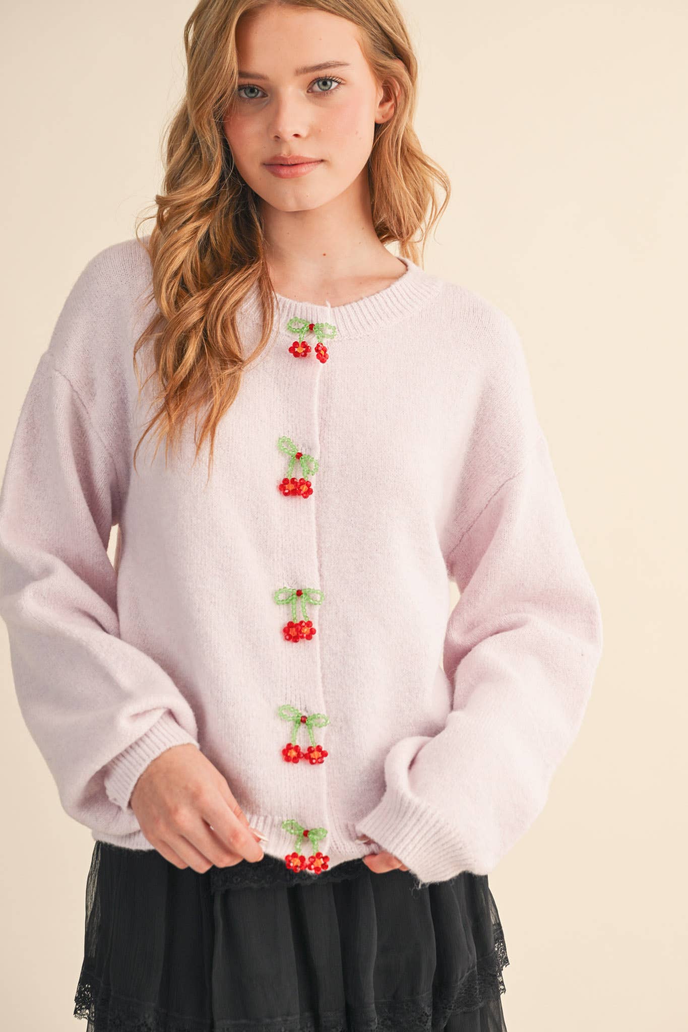 BEADED BOW FLORAL BUTTON SWEATER CARDIGAN MSW11256