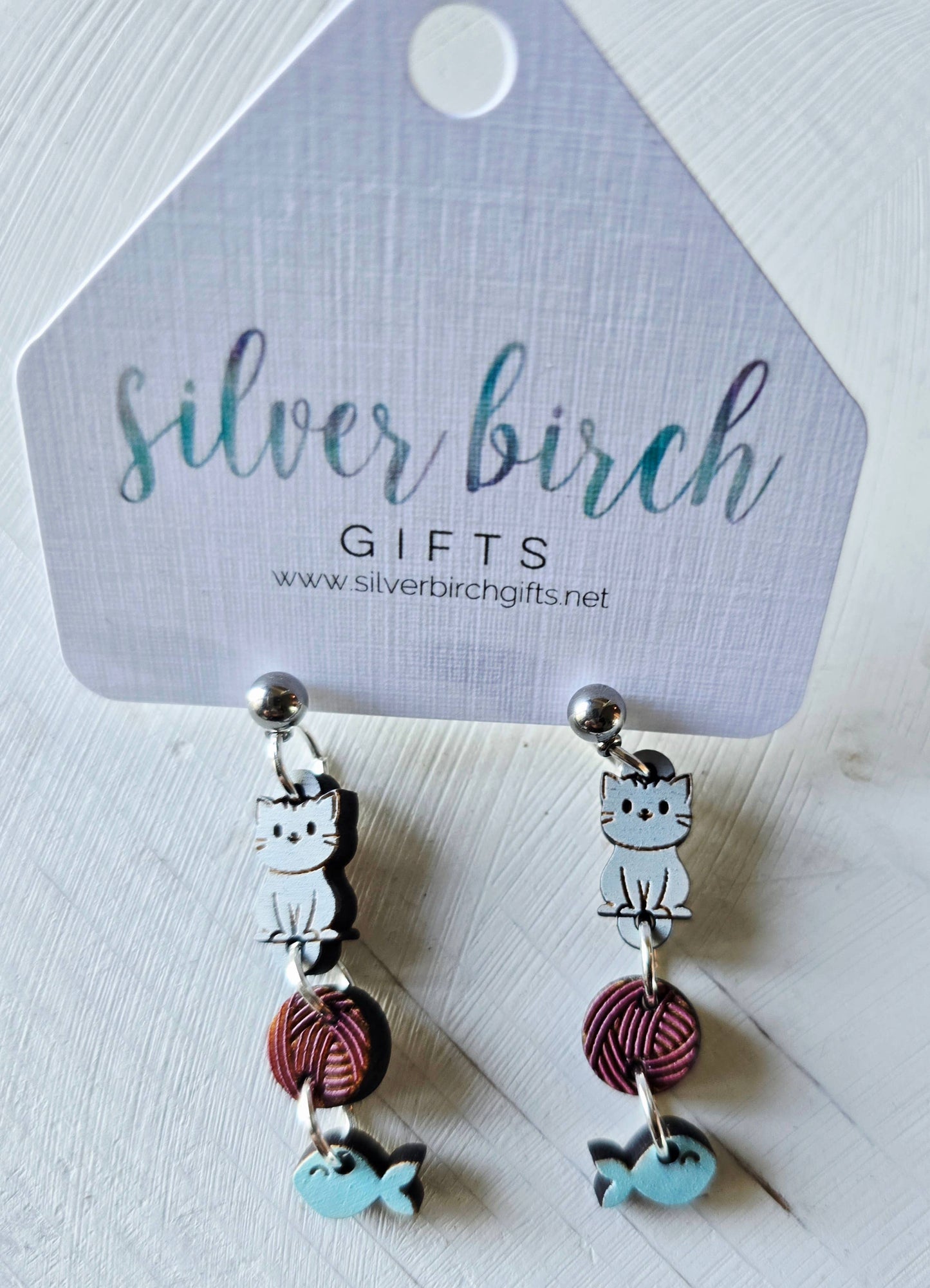 Cat & Yarn Dangle Wooden Charm Earrings