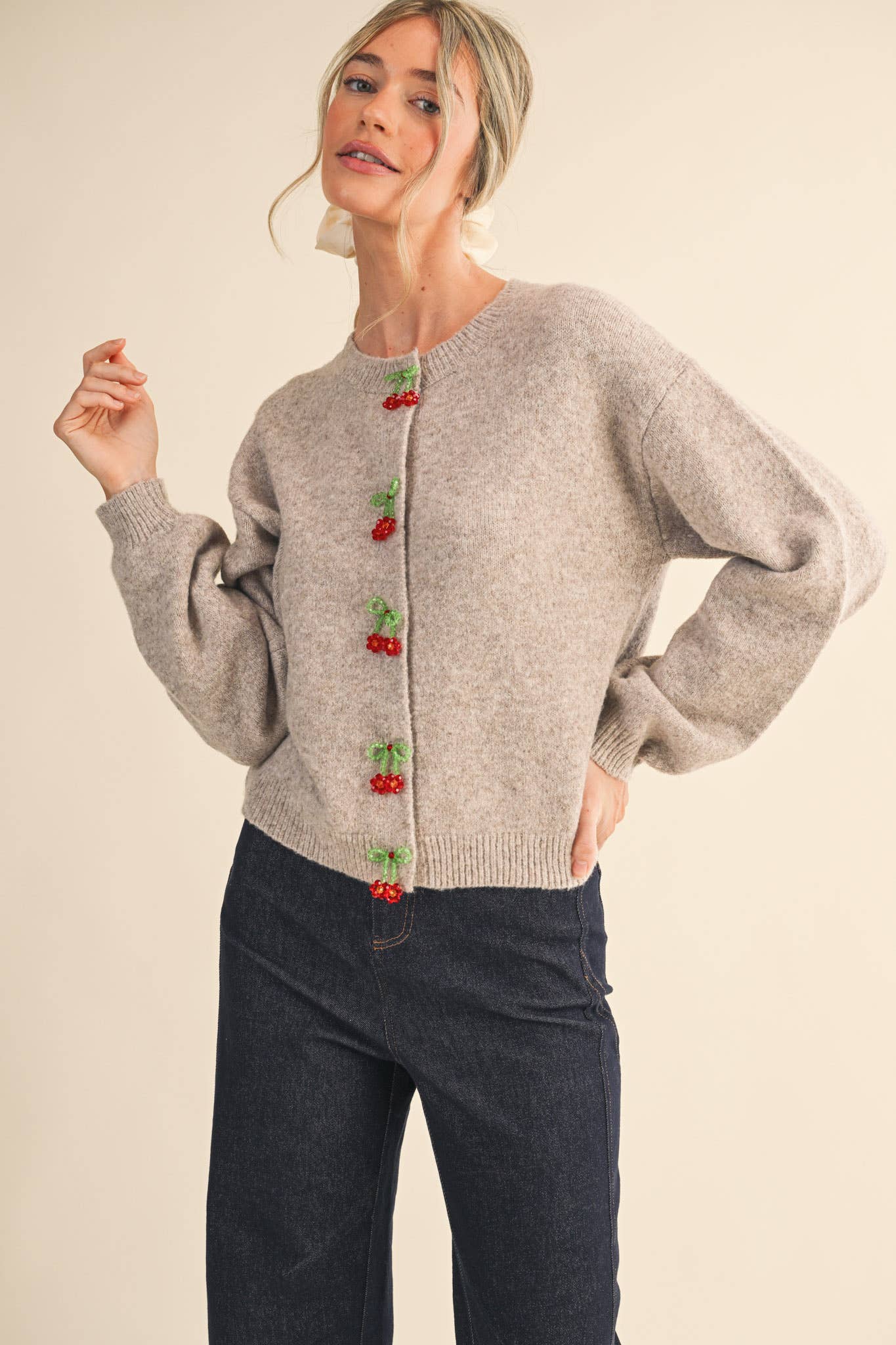 BEADED BOW FLORAL BUTTON SWEATER CARDIGAN MSW11256