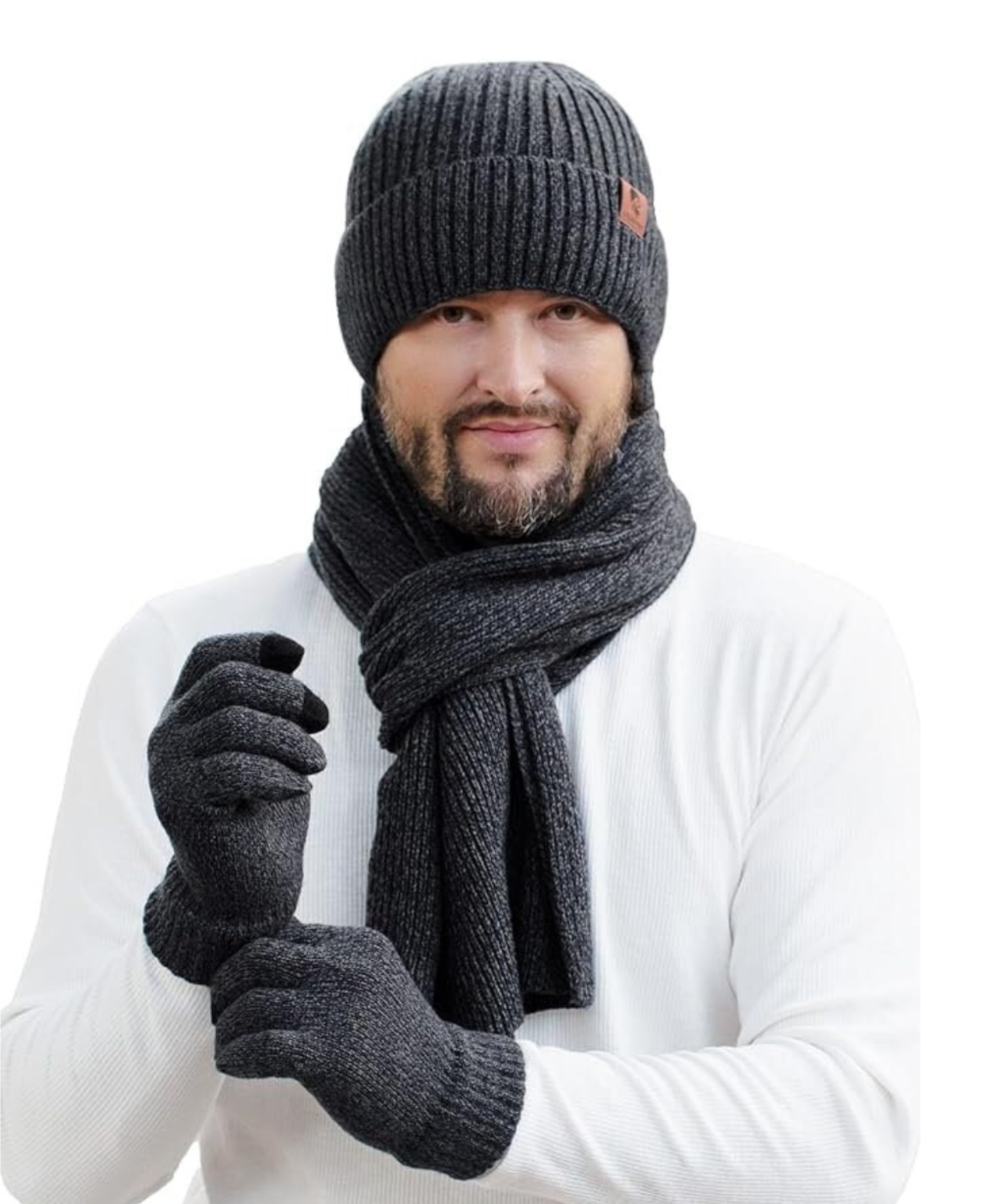 Mens Knit Beanie, Scarf Touchscreen Gloves Set Fleece Lined