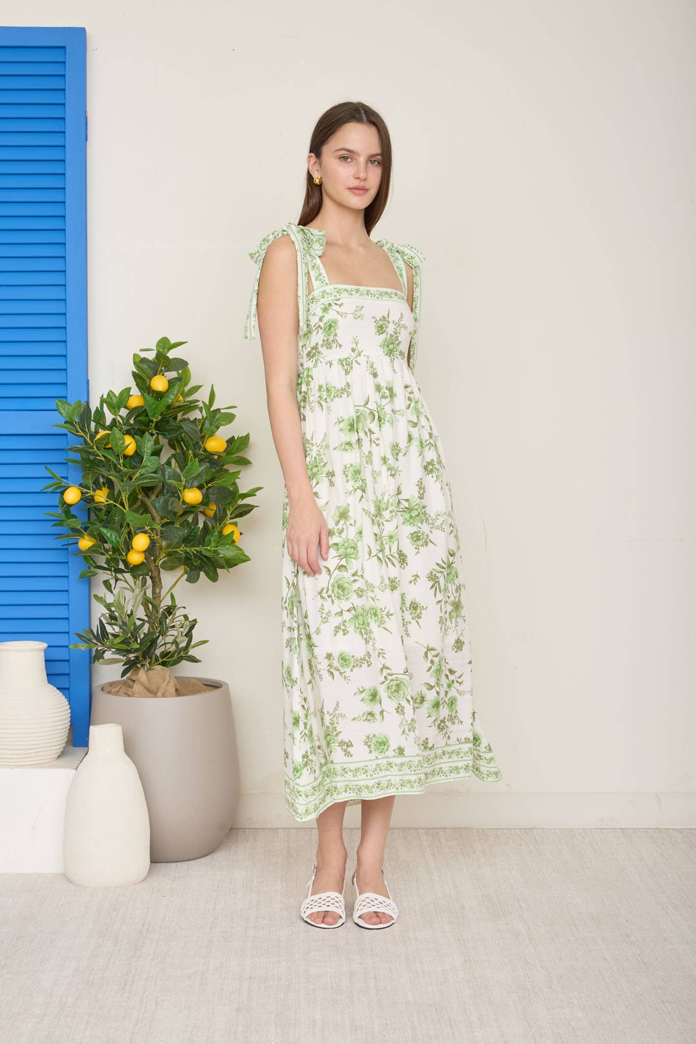 FLORAL BORDER EMPIRE WAIST TIE STRAP MIDI DRESS
