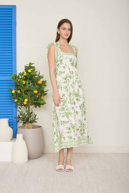 FLORAL BORDER EMPIRE WAIST TIE STRAP MIDI DRESS