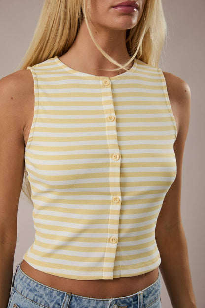 SLEEVELESS HIGH NECK STRIPE KNIT TOP