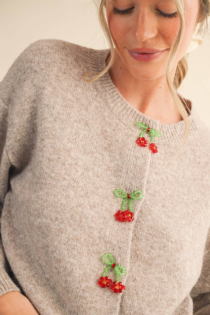 BEADED BOW FLORAL BUTTON SWEATER CARDIGAN MSW11256