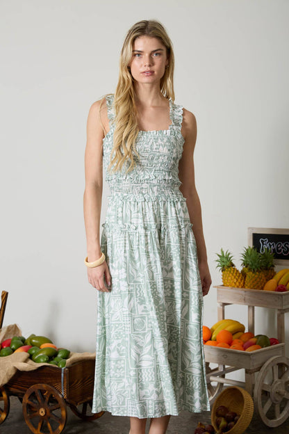 TILE PATTERN SMOCKED RUFFLE STRAP MIDI DRESS