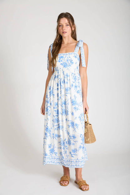 FLORAL BORDER EMPIRE WAIST TIE STRAP MIDI DRESS