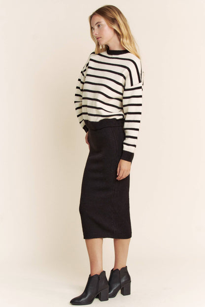 STRIPE SWEATER TOP WITH SOLID SKIRT SWEATER SET