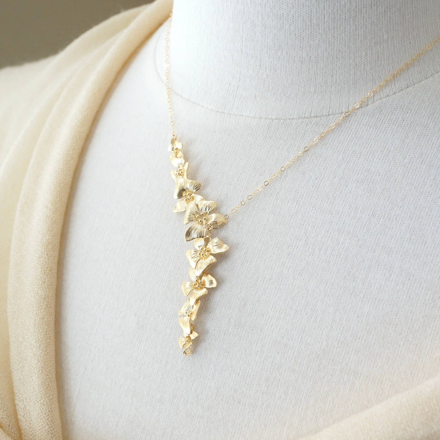 Gold Statement Flower Necklace,  Dogwood Y Necklace, Floral