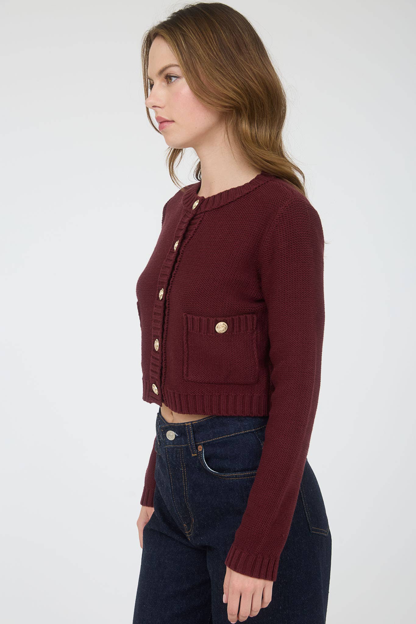 GOLD BUTTON RIBBED TRIM KNIT CARDIGAN SWEATER