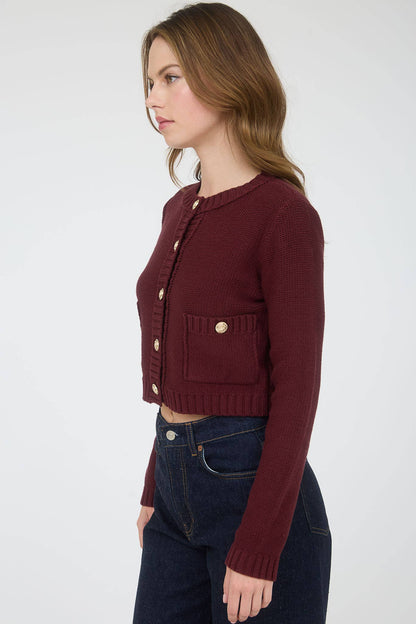 GOLD BUTTON RIBBED TRIM KNIT CARDIGAN SWEATER