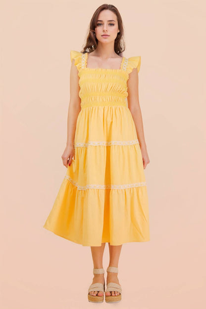 ND31741-Smocking Detail Solid Woven Midi Dress