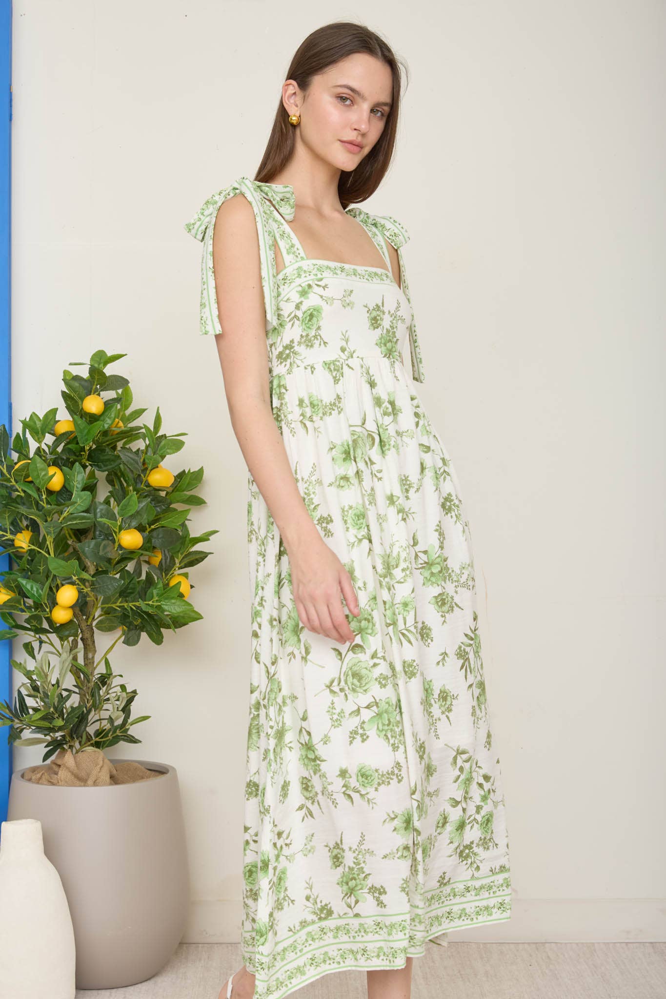 FLORAL BORDER EMPIRE WAIST TIE STRAP MIDI DRESS
