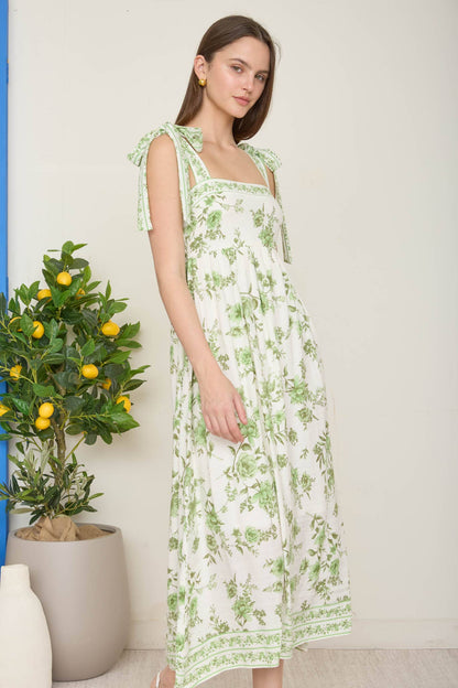 FLORAL BORDER EMPIRE WAIST TIE STRAP MIDI DRESS