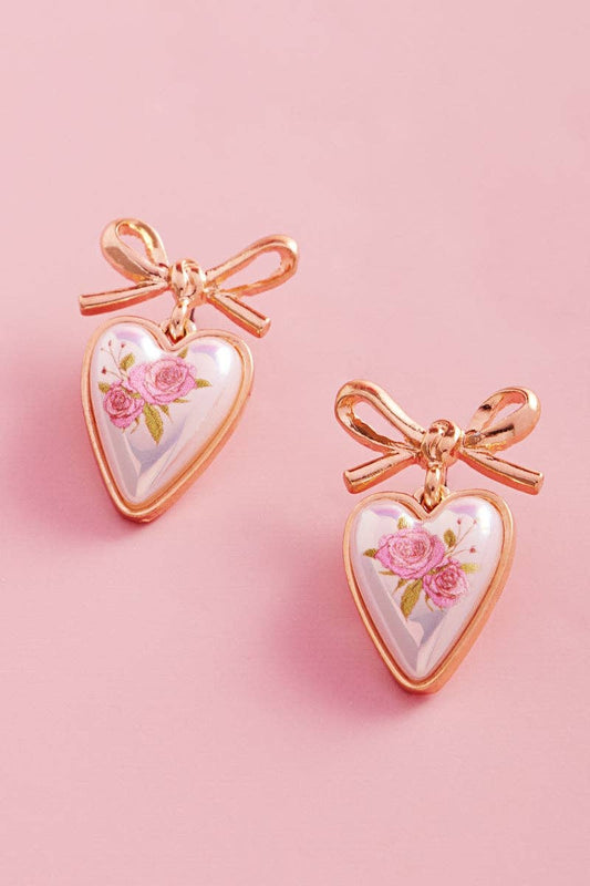 Valentines Heart Pearl Flower Print Post Earrings
