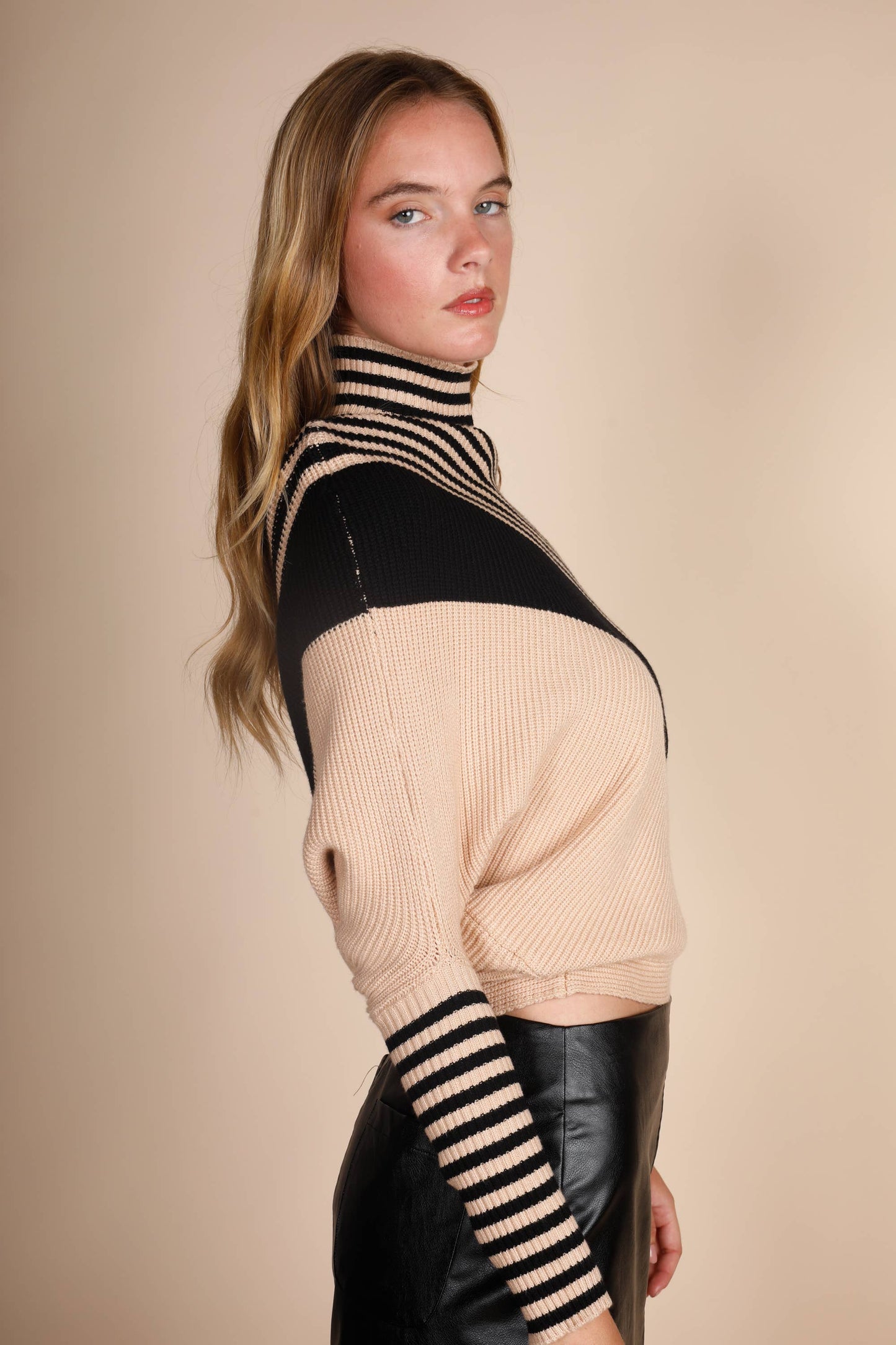 TURTLE NECK DIAGONAL STRIPES SWEATER