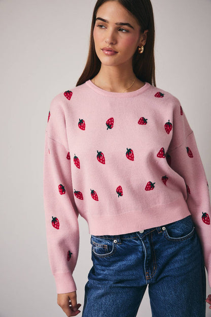 ROUND NECK LONG SLEEVE STRAWBERRY GRAPHIC SWEATER