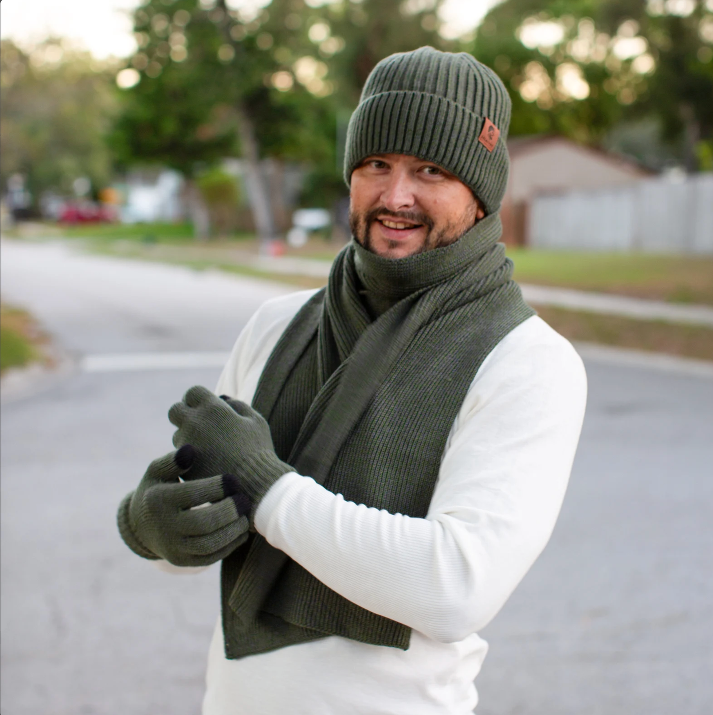 Mens Knit Beanie, Scarf Touchscreen Gloves Set Fleece Lined